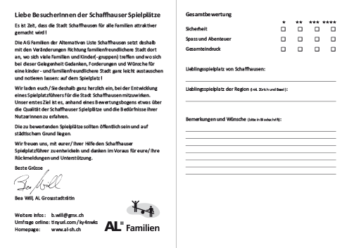 Broschüre AL «Spielplatzparadies» mit Fragebogen und Mal-Wettbewerb